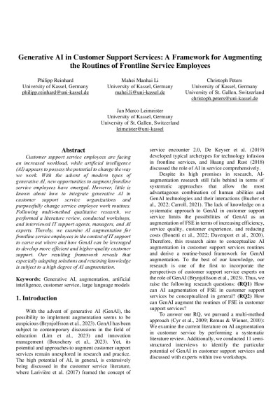 Generative AI in Customer Support Services: A Framework for Augmenting the Routines of Frontline Service Employees